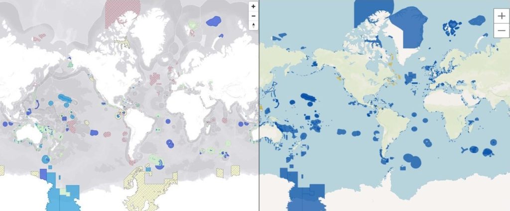 Comparison of the MPAtlas [left] and WDPA [right] maps
