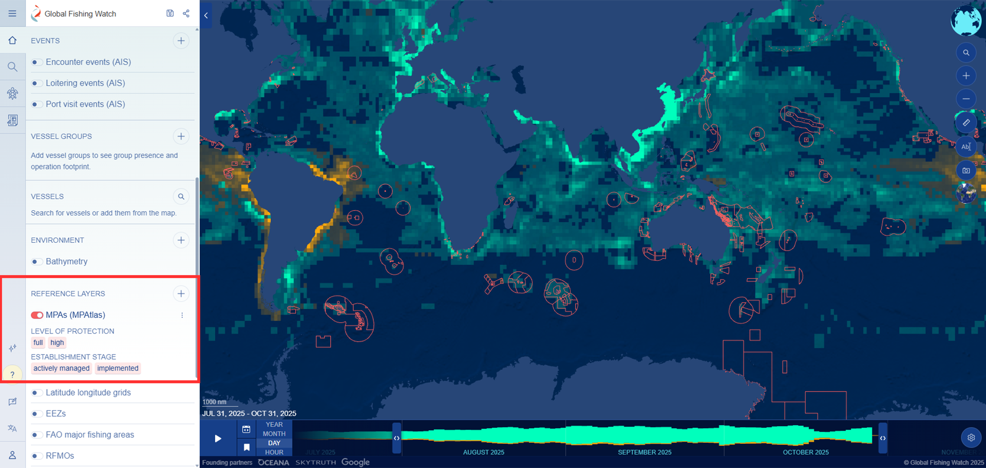 Screenshot of Global Fishing Watch Marine Manager with MPAtlas selected as a reference layer. The default view displays Fully and Highly protected areas. Users can change the filter and click on specific MPAs to see more information.