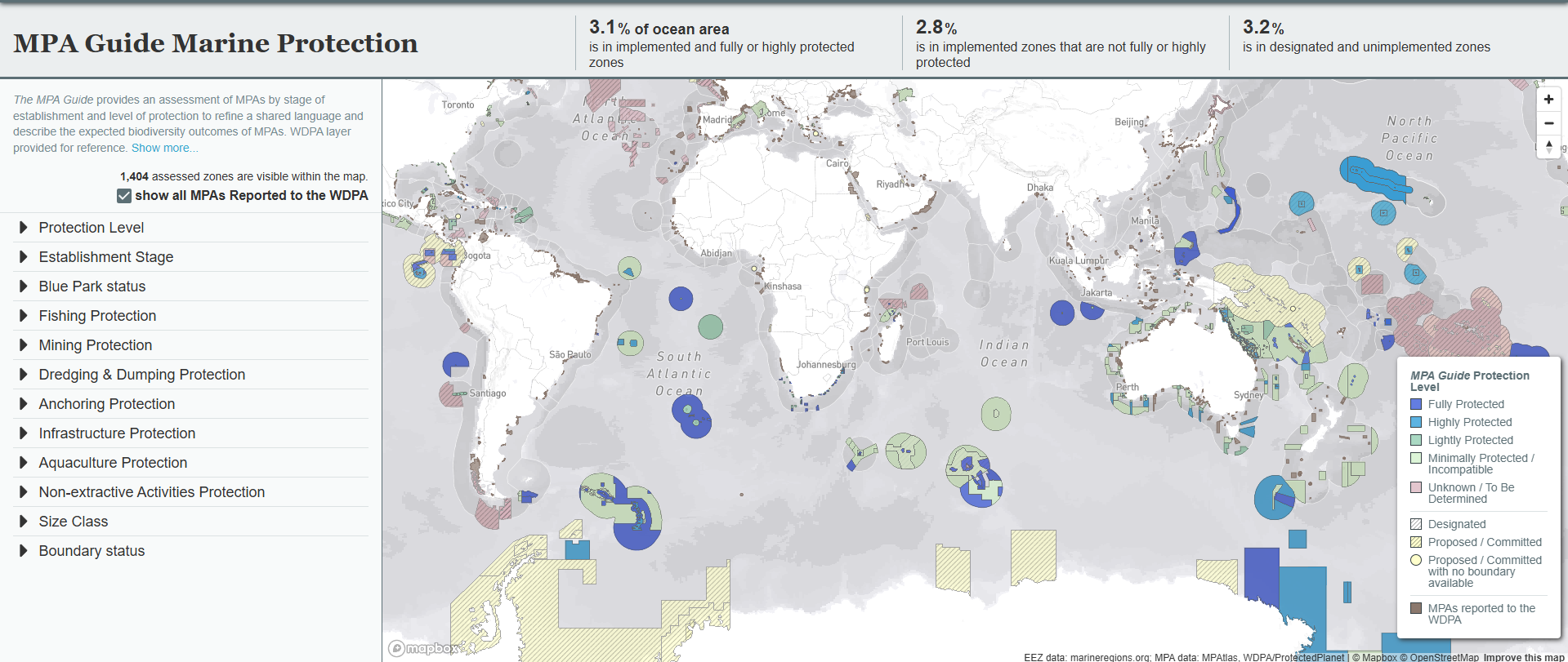 Screenshot of MPAtlas' MPA Guide Marine Protection page. The default view displays Fully and Highly protected areas. Users can change the filter and click on specific MPAs to see more information.
